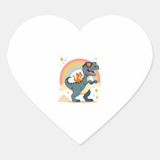 Sticker Cœur Cat Riding Dinosaur T-Rex Kitten Rainbow Dino Funn