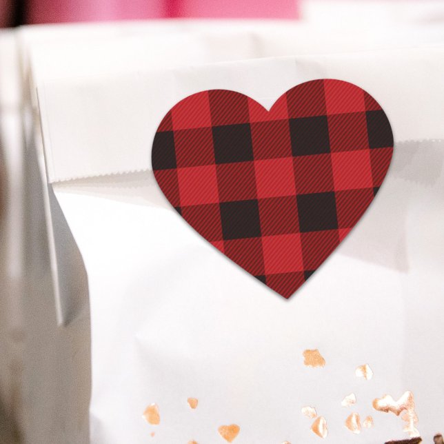 Sticker Cœur Chalet primitif Bison rouge Boeuf plat (Primitive Cottage Red buffalo Plaid lumberjack Heart Sticker)