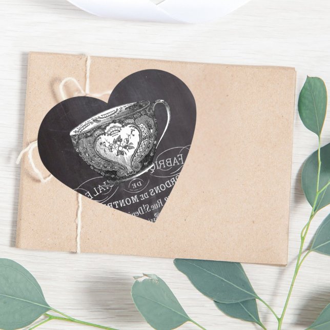 Sticker Cœur Chalkboard Alice à Wonderland tea party teacup (Chalkboard Alice in Wonderland tea party teacup Heart Sticker)