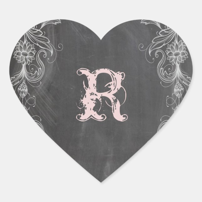 Sticker Cœur Chalkboard Antique rose Floral Monogramme Sceau (Devant)