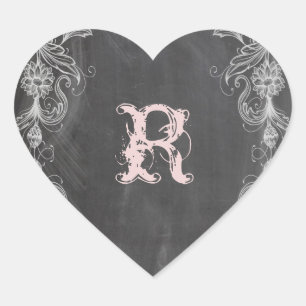 Sticker Cœur Chalkboard Antique rose Floral Monogramme Sceau