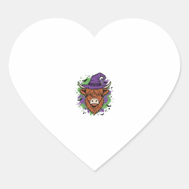 Sticker Cœur Chapeau de sorcière de vache des Highlands Hallowe (Devant)
