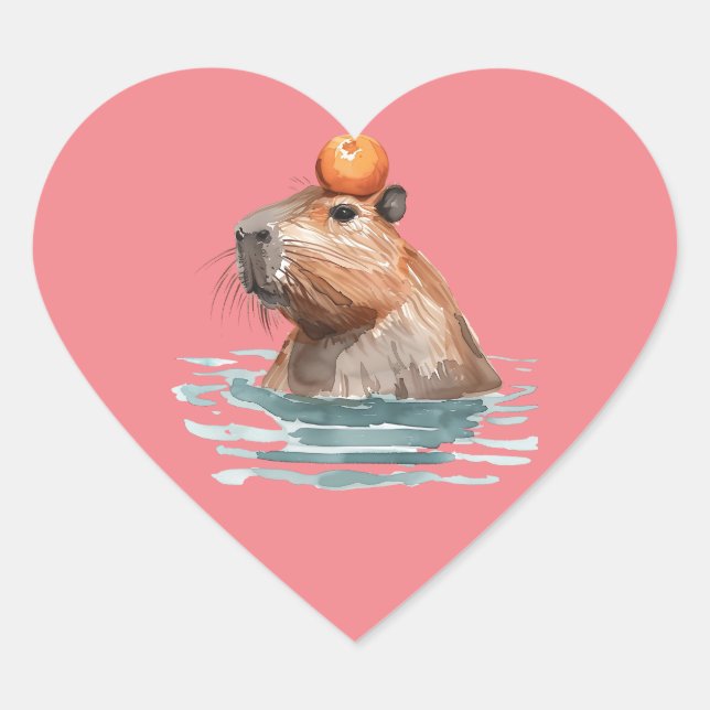 Sticker Cœur Charmante Cute Capybara avec Orange (Devant)
