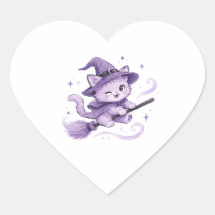 Sticker Cœur Charmante sorcière chat violet sur balai Halloween