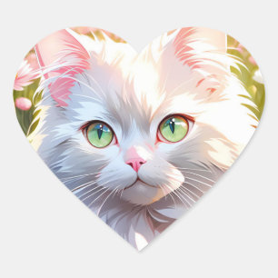 Sticker Cœur Chat blanc dans le champ de fleurs IA Art