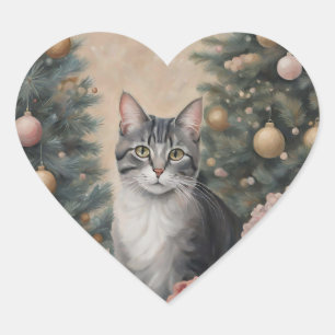 Sticker Cœur Chat de Noël mignon au milieu des fleurs et des ar