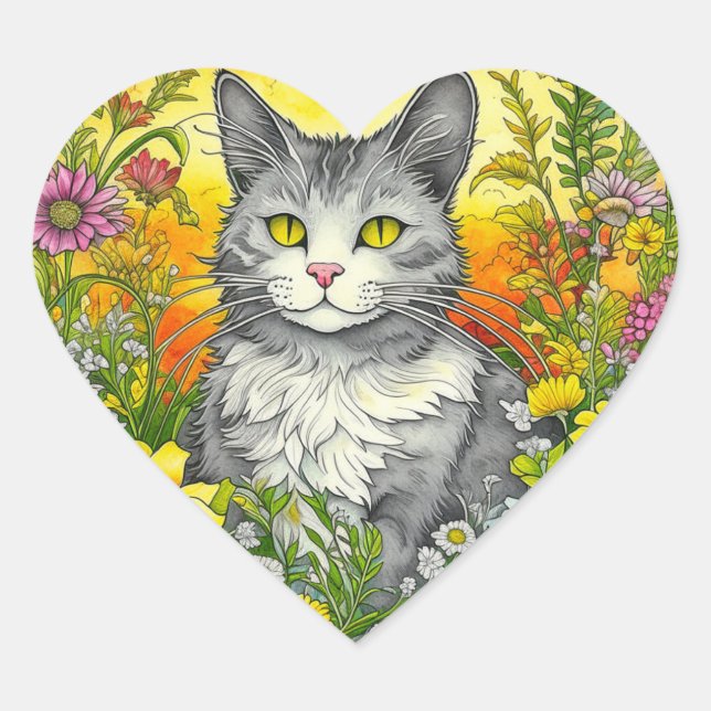 Sticker Cœur Chat et Fleurs Whimsical (Devant)