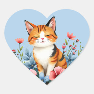 Sticker Cœur Chat floral Cottagecore Félin botanique serein