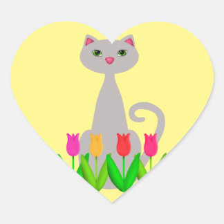 Sticker Cœur Chat gris en fleurs de printemps