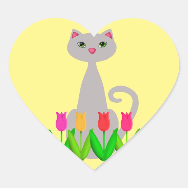 Sticker Cœur Chat gris en fleurs de printemps (Devant)