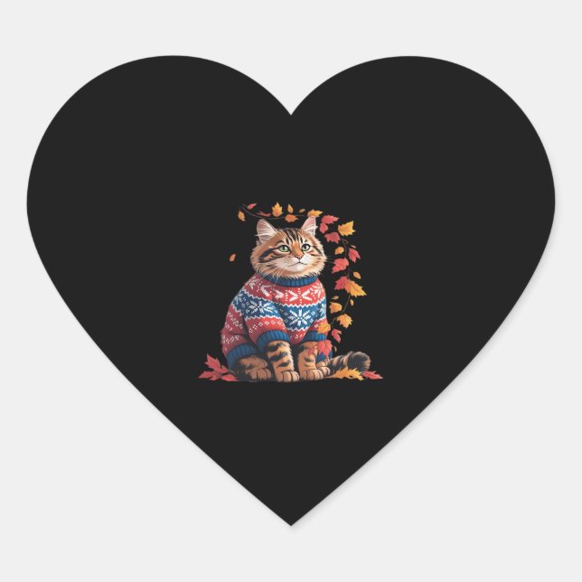 Sticker Cœur Chat Leaf Automne Bonjour Automne Funny Chat Kitte (Devant)