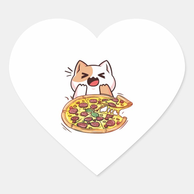 Sticker Cœur Chat Manger Une Pizza (Devant)