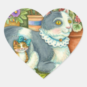 STICKER CŒUR CHAT MÈRE ET CUISINE, FLEURS POTÉES, BOWS & LACE