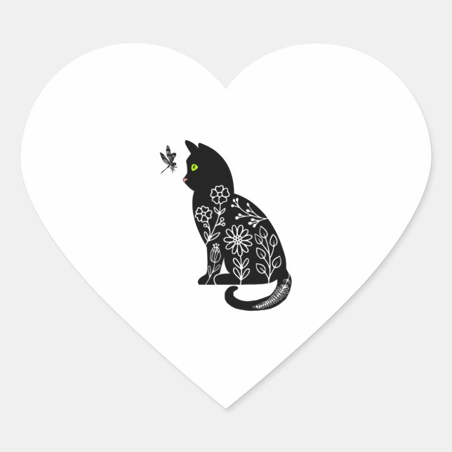 Sticker Cœur Chat noir aux yeux verts (Devant)