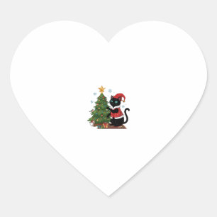 Sticker Cœur Chat noir de Noël chapeau de Père Noël arbre souri