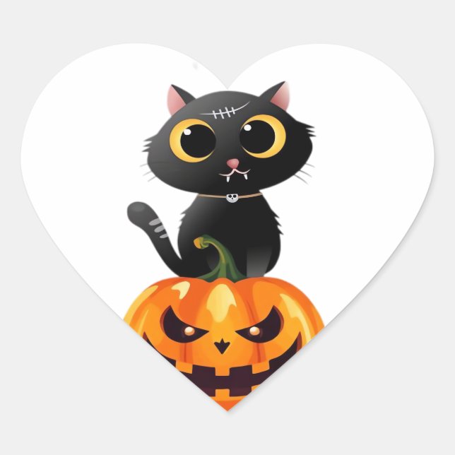 Sticker Cœur Chat noir Halloween Design - Art Citrouille Éffray (Devant)