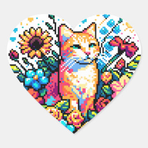 Sticker Cœur Chat orange en Fleurs Pixel Art