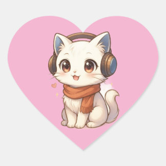 Sticker Cœur  chaton casque Kawaii Kitten en rose