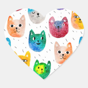 Sticker Cœur Chats aquarelles et amis