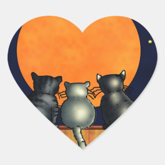 Sticker Cœur Chats d'Halloween regardent la Lune - Style Vintag