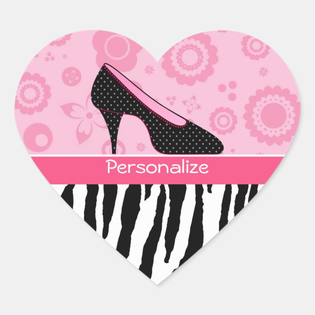 Sticker Cœur Chaussures Tendance Zebra Girly Rose Avec Nom (Devant)