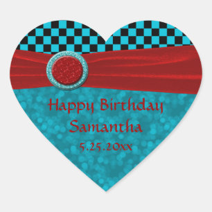 Sticker Cœur Chèques Noirs Turquoise & Coeur Rouge
