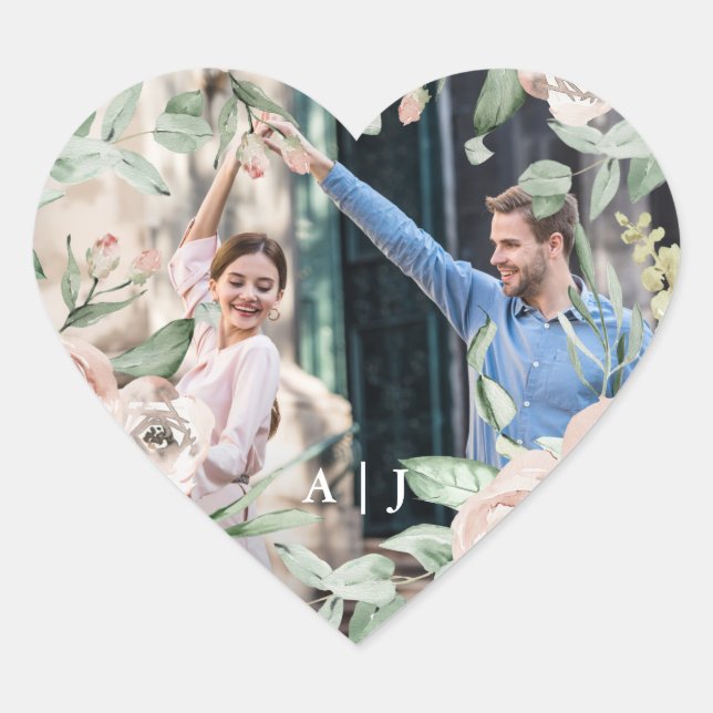 Sticker Cœur Chic Blush Floral avec Monogram Mariage photo (Devant)