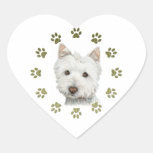 Sticker Cœur Chien mignon et pattes de Terrier blanc de