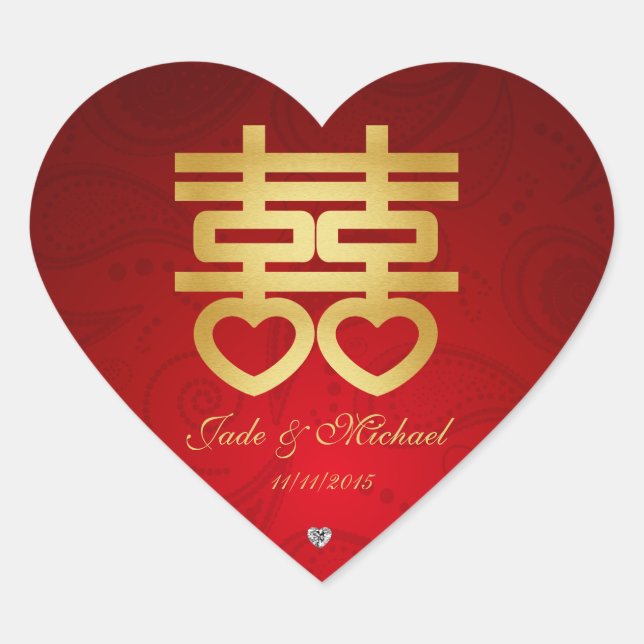 Sticker Cœur Chinois "Coeur" Double Bonheur avec diamants (Devant)