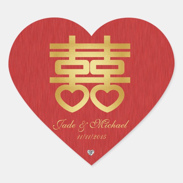 Sticker Cœur Chinois "Coeur" Double Bonheur avec diamants (Devant)
