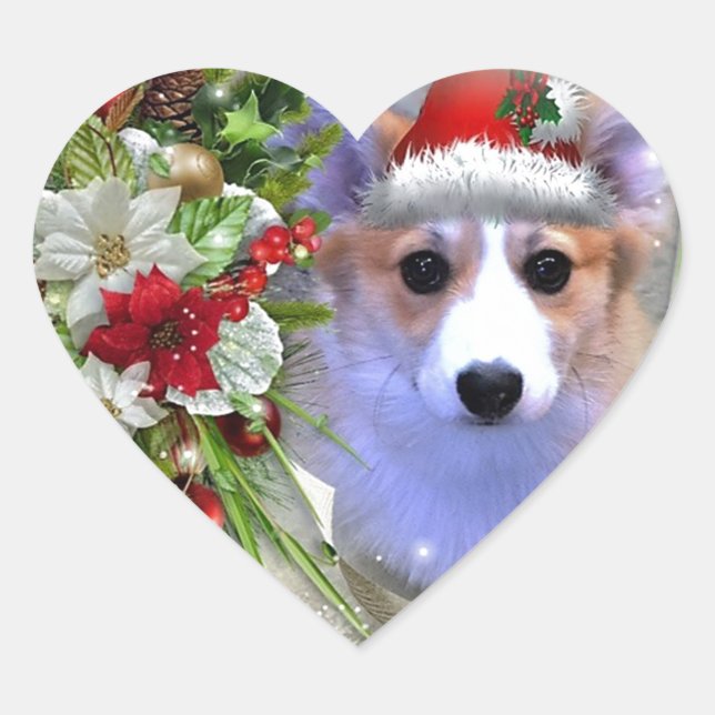 Sticker Cœur Chiot Corgi de Noël en cadre blanc (Devant)