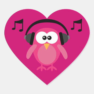 Sticker Cœur Chouette rose avec casque et notes musicales
