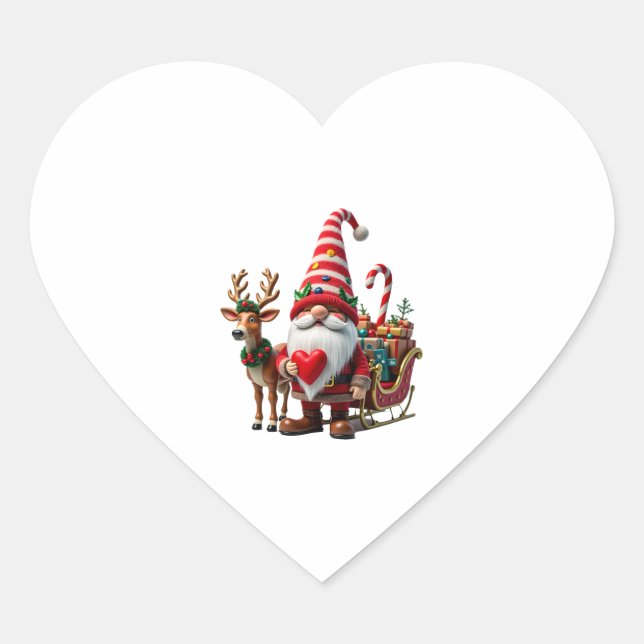 Sticker Cœur Christmas Light Gnome Santa Claus Riding Sleigh Hi (Devant)