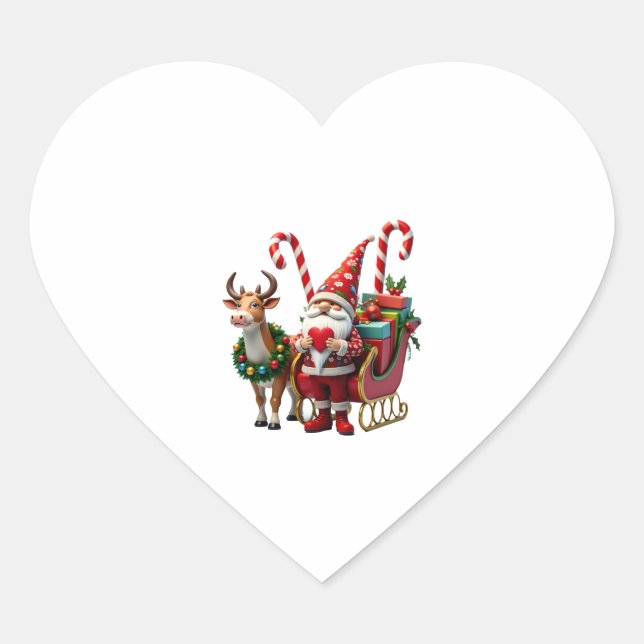 Sticker Cœur Christmas Light Gnome Santa Claus Riding Sleigh Hi (Devant)