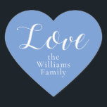 Sticker Cœur Christmas Love Nom personnalisé Cornflower Blue<br><div class="desc">Elégante enveloppe festive de Noël sceau ou autocollant cadeau avec le texte 'Amour' et votre nom de famille dans la calligraphie manuscrite chic et typographie moderne stylisée sur un arrière - plan bleu cornflower. Parfait pour vos cadeaux de Noël, envois postaux et forfaits de petites entreprises festives. Si vous avez...</div>