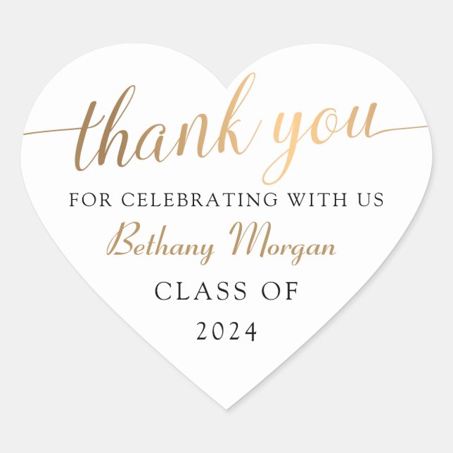Sticker Cœur Classy White & Gold Graduation Merci (Devant)