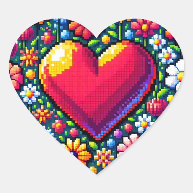 Sticker Cœur Coeur en fleurs Pixel Art (Devant)