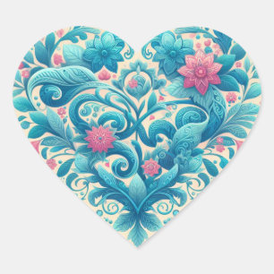 Sticker Cœur Cœur floral rose et sarcelle