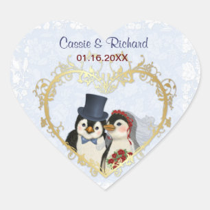 Sticker Cœur Coeur Mariage de pingouin - Personnaliser