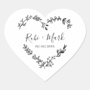 Sticker Cœur Coeur noir minimaliste avec Fleurs sauvages et bra