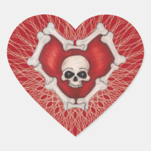 Sticker Cœur Coeur rouge éffrayant avec le crâne et les os