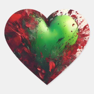 Sticker Cœur Coeur Vert Vibrant Avec Pétales Rouges Éparpillés