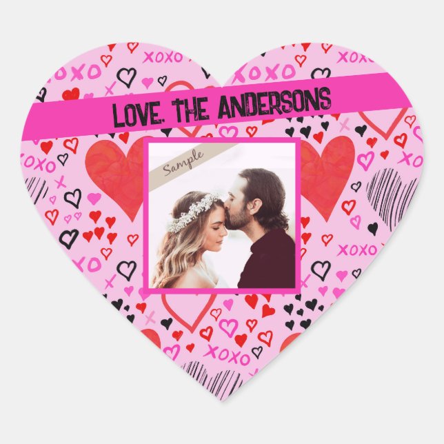 Sticker Cœur Cœurs, motif rose XOXO, photo de nom personnalisée (Devant)