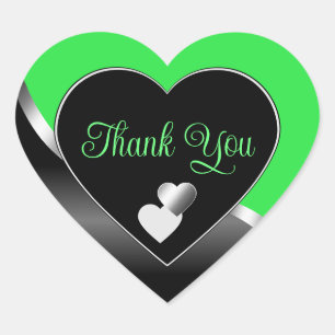 Sticker Cœur Coeurs noirs verts mignons et Merci argenté ondulé