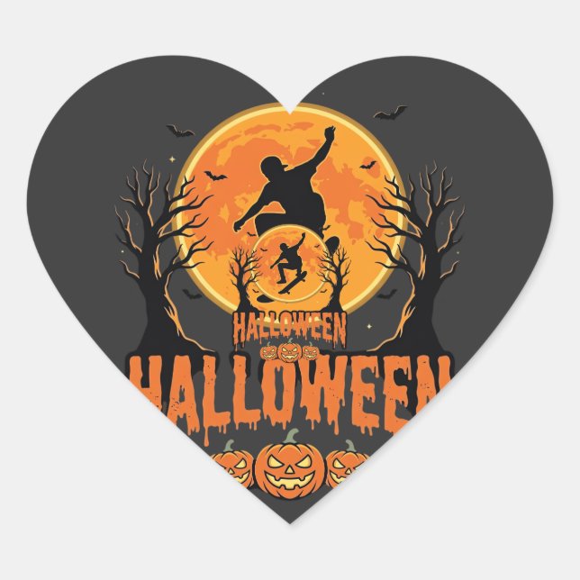 Sticker Cœur Conception de Lune de Skateboard d'Halloween Hallo (Devant)