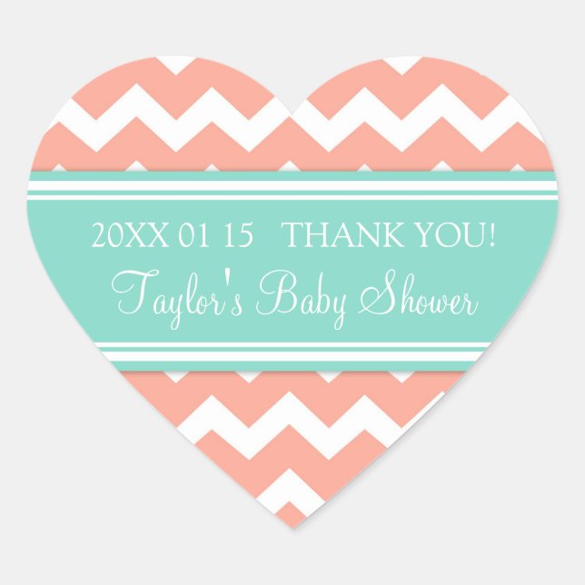Sticker Cœur Coral Aqua Chevron Baby shower Favoriser les autoc (Devant)