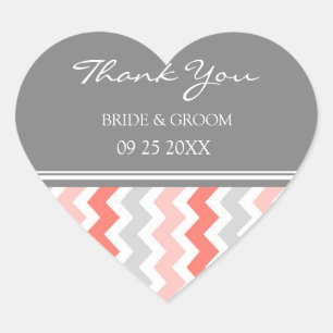 Sticker Cœur Coral Grey Chevron Merci Wedding Favor Tags