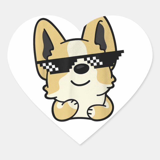 Sticker Cœur Corgi Mème Pixel Lunettes de soleil mignon chien (Devant)