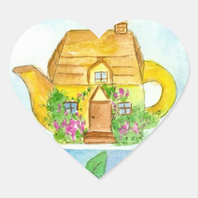 Sticker Cœur Cottage Teapot Lilac Fleur Aquarelle Art (Devant)