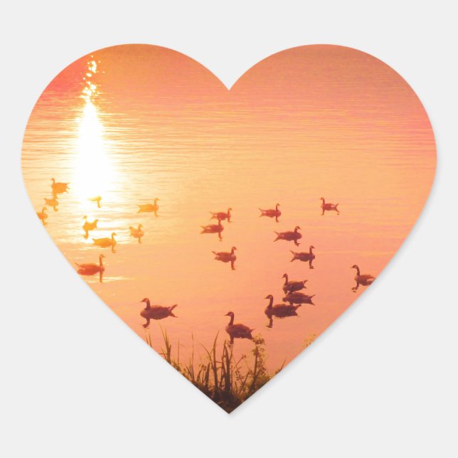 Sticker Cœur Coucher de soleil rose et de lac de pêche (Devant)
